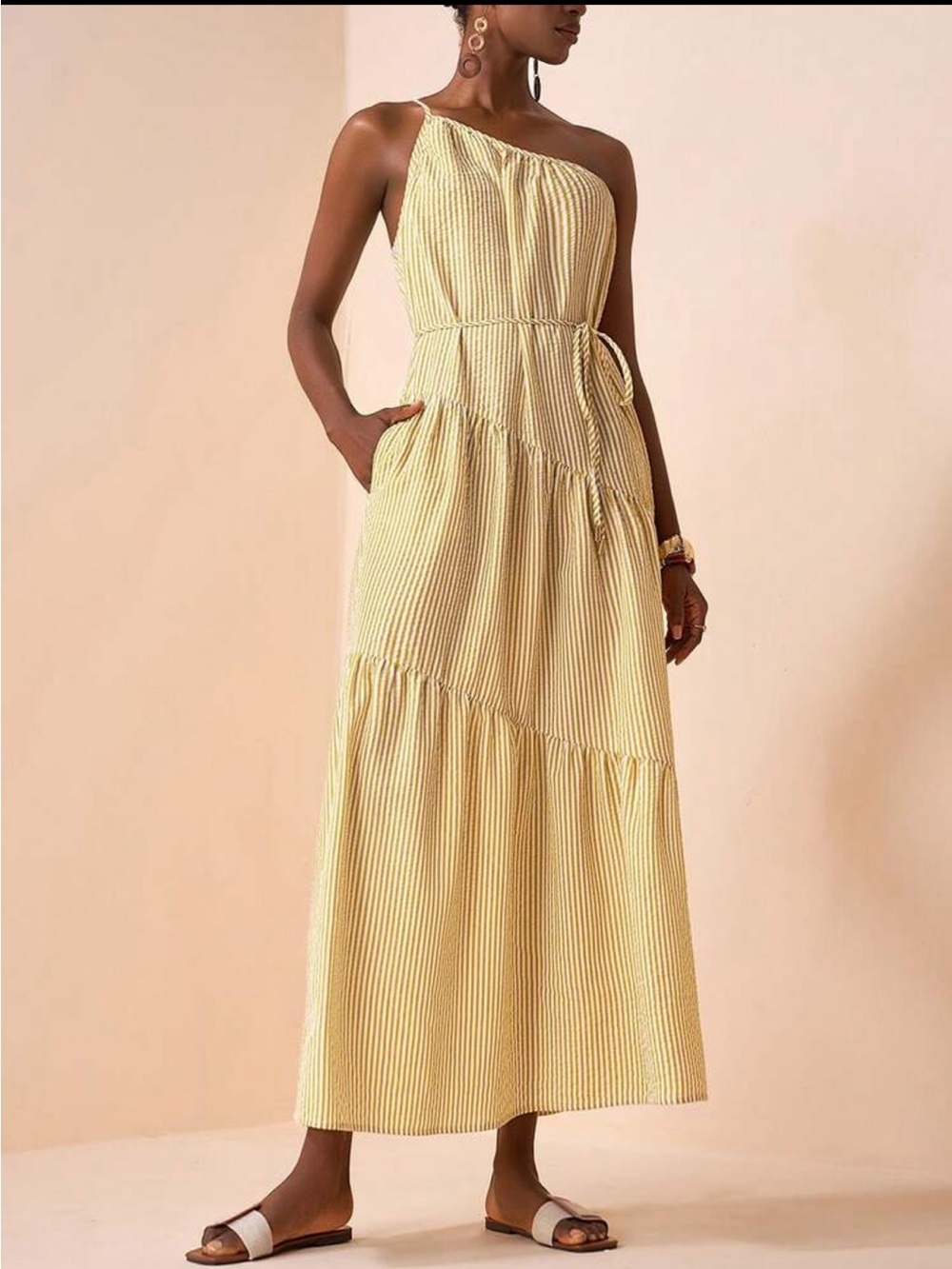 One-Shoulder Yellow Stripe Maxi Dress - Picture 7 of 9